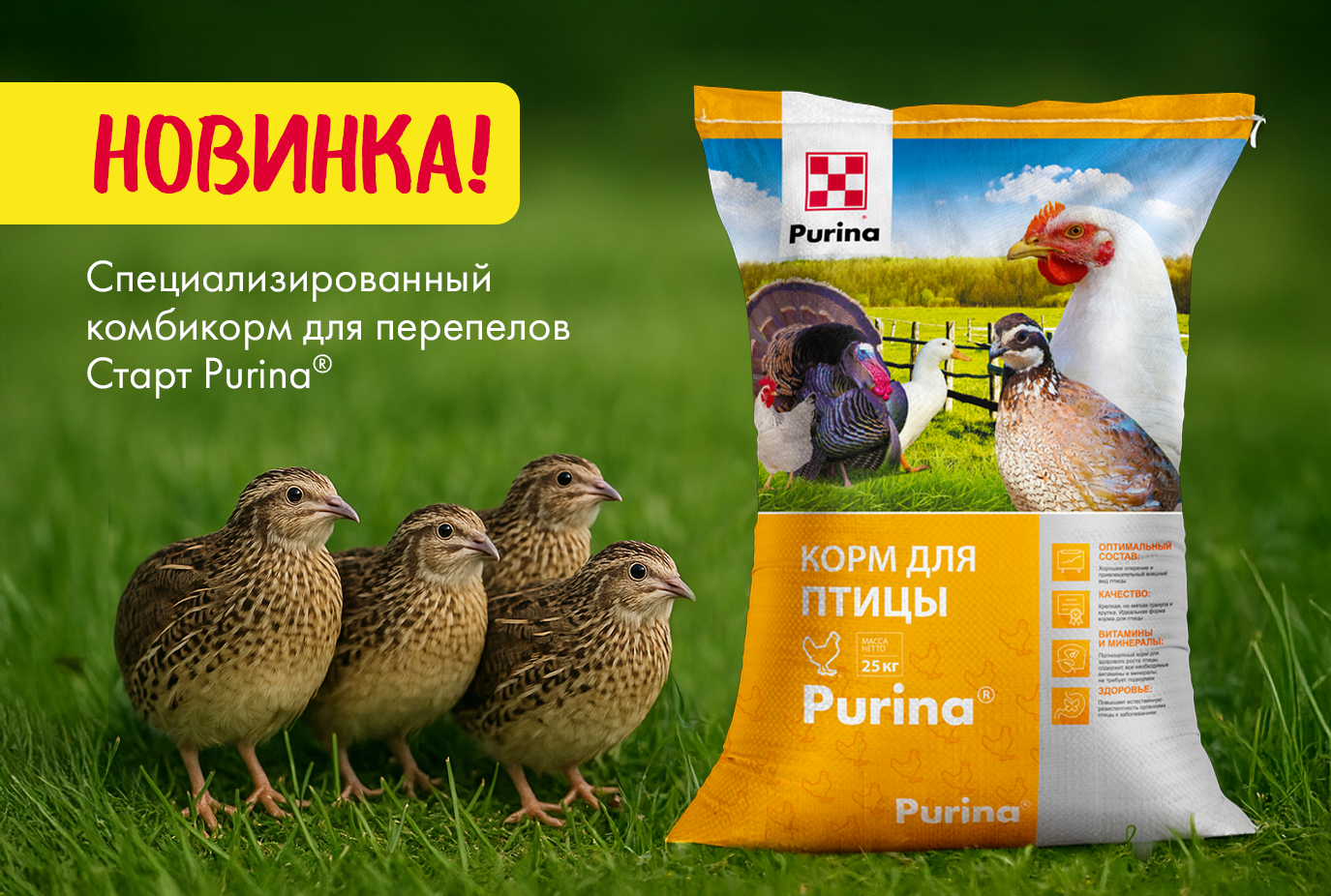 Новинка, специализированный комбикорм для перепелов Старт Purina®